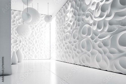Modern display area with white 3d wall. Bright interior design wallpaper. Generative AI