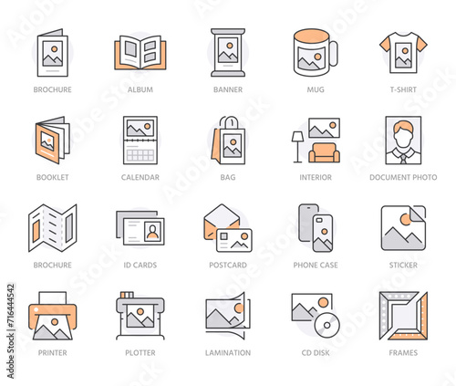 Photo printing line icon set. Brand identity printed on products like brochure, banner, mug, plotter vector illustrations. Simple outline signs for polygraphy. Orange Color. Editable Strokes