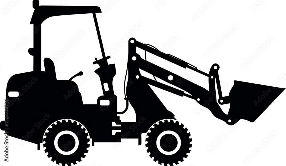 Fototapeta premium Silhouette of Compact Skid Steer Loader with Bucket and Wheels Icon in Flat Style. Vector Illustration