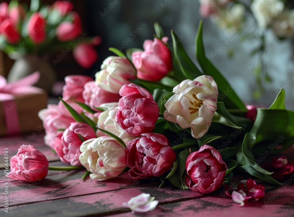Bouquet of pink and white tulips on the table. Bouquet of pink and white tulips on the table.