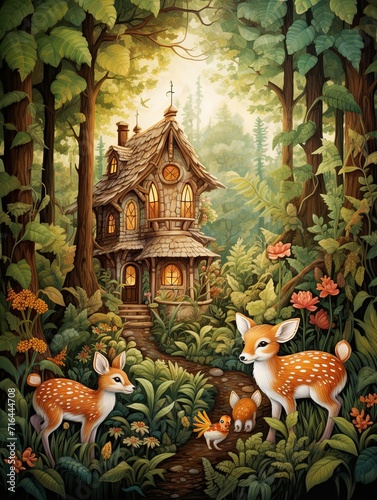 Enchanting Whimsical Woodland Creatures - Farmhouse and Cottage in a Magical Woodland Scene