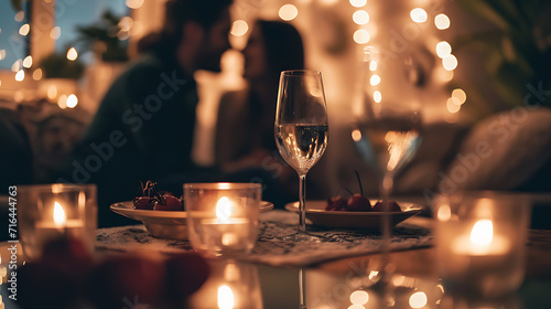Candlelight dinner with champagne. Couple's First Kiss, A Gourmet Dinner Ready, and Love Blossoming on a Beautiful Valentine's Day Evening. Valentines day girls first blind date. photo