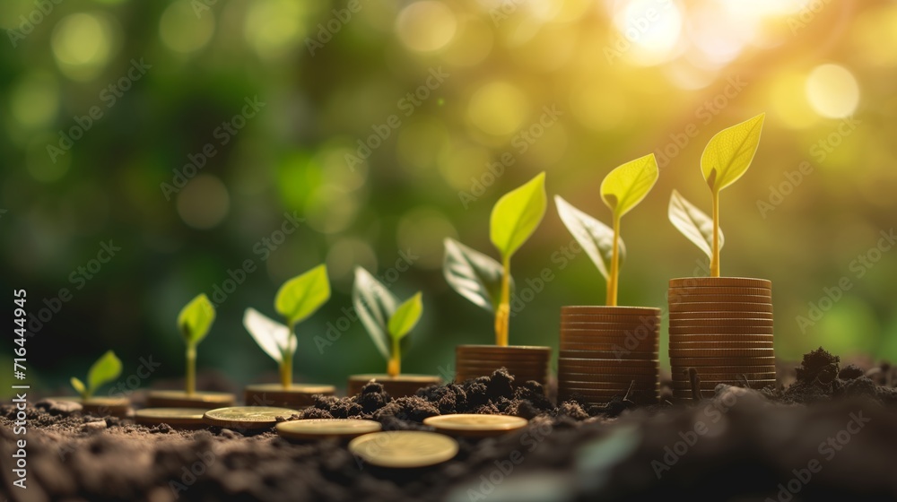Tree grows on a pile of coins concept of profit saving for the future of investment and business growth for financial prosperity and sustainable development. - obrazy, fototapety, plakaty 