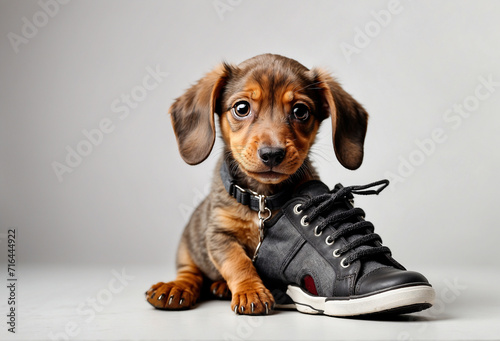 cute dachshund puppy with sneaker. adorable dog