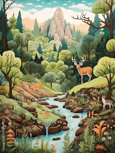 Whimsical Woodland Creatures Plateau Art Print Mountain Print: Enchanting Nature-inspired Dreamscape
