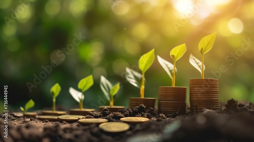 Tree grows on a pile of coins concept of profit saving for the future of investment and business growth for financial prosperity and sustainable development. photo