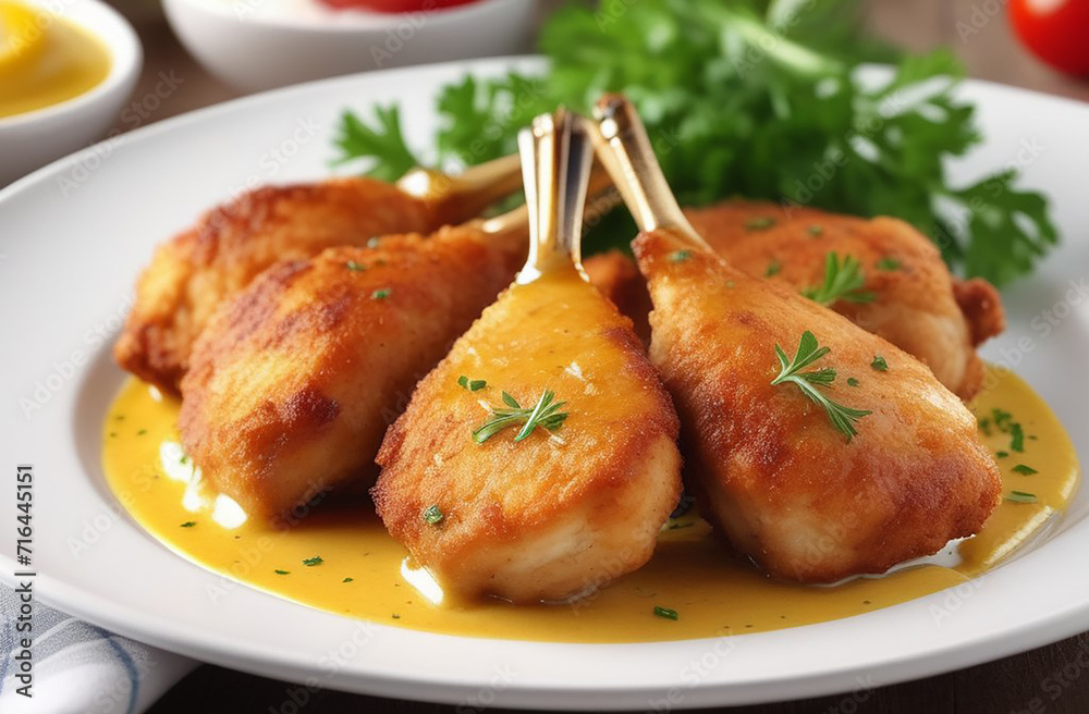 Fried leg of meat in batter on a white plate. Fried leg of meat in batter on a white plate.