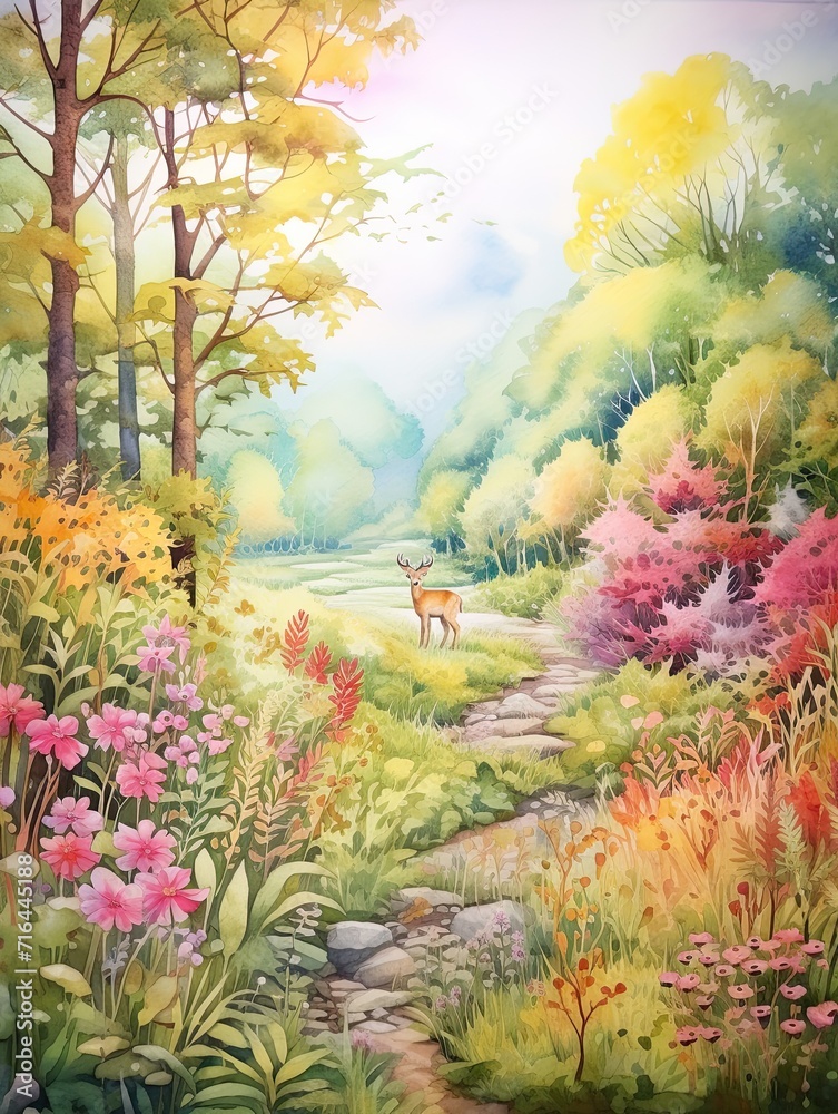 Enchanting Whimsical Woodland Creatures Watercolor Landscape Meadow Painting