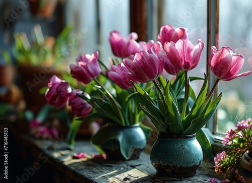 Bouquet of pink and white tulips on the table. © Darcraft
