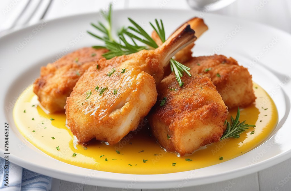 Fried leg of meat in batter on a white plate. Fried leg of meat in batter on a white plate.