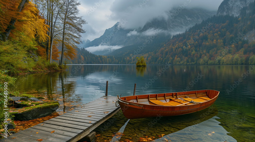 serene mountain lake with a wooden rowboat landscape autumn fall mountains peaceful stillness and isolation tranquility natural beauty alpine lakes