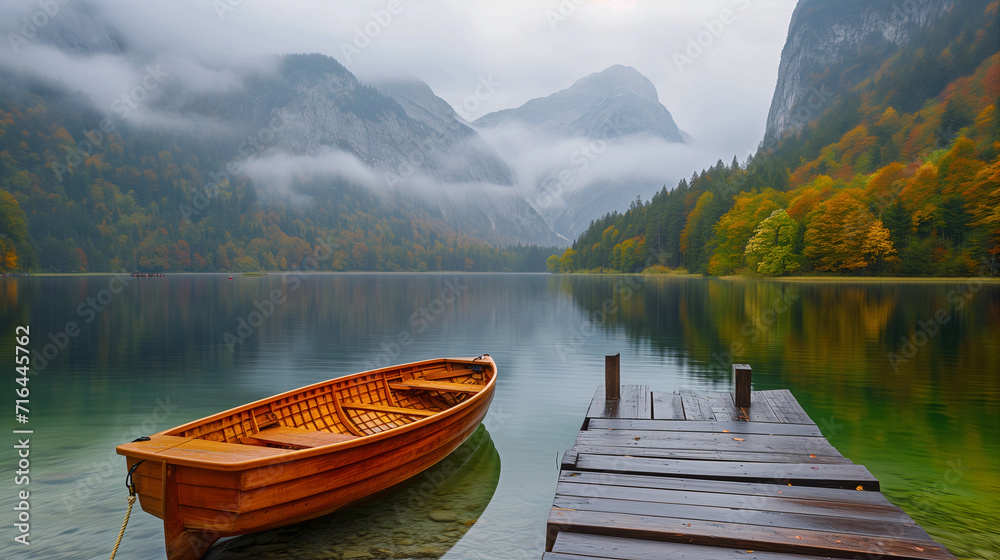 serene mountain lake with a wooden rowboat landscape autumn fall mountains peaceful stillness and isolation tranquility natural beauty alpine lakes