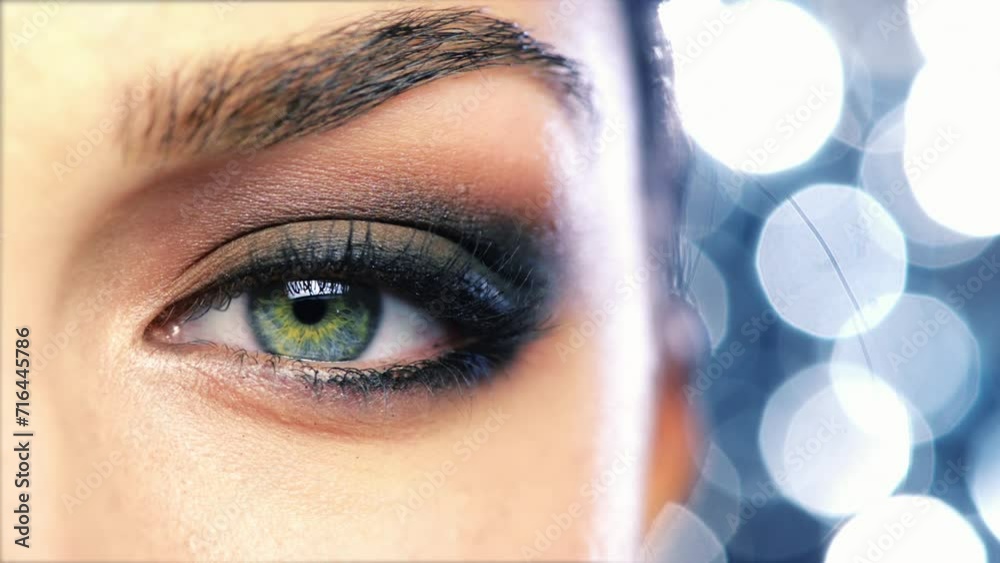 Portrait, closeup and eye of person with cosmetics, human blink for vision or eyeshadow on bokeh. Face macro, skin makeup and beauty of eyebrow, eyelashes and green iris color for healthy eyesight