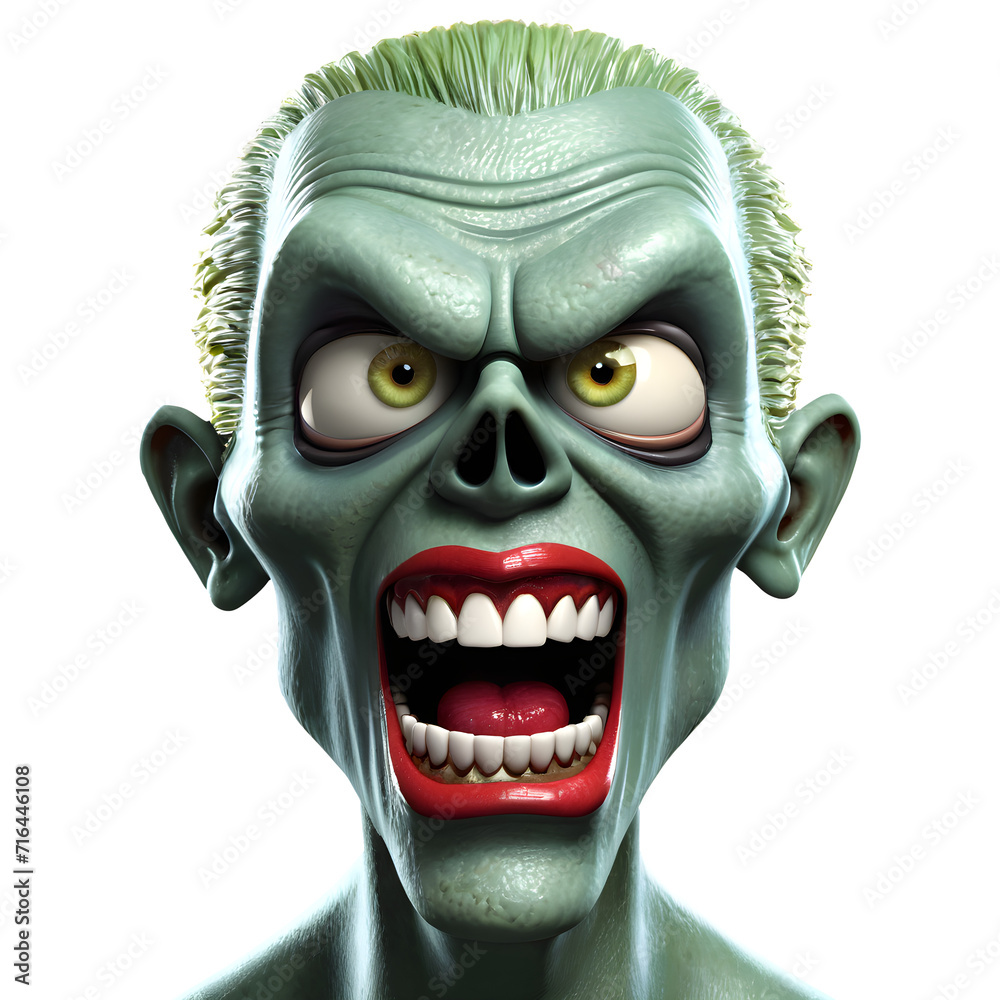 3d character Scary Zombie face, 3d rendering style in transparent background