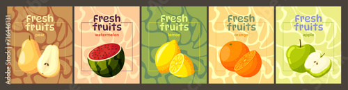 Colorful fruits poster collection. Healthy food  5 backgrounds set