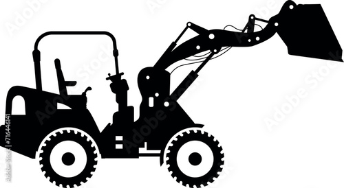 Silhouette of Compact Skid Steer Loader with Bucket and Wheels Icon in Flat Style. Vector Illustration
