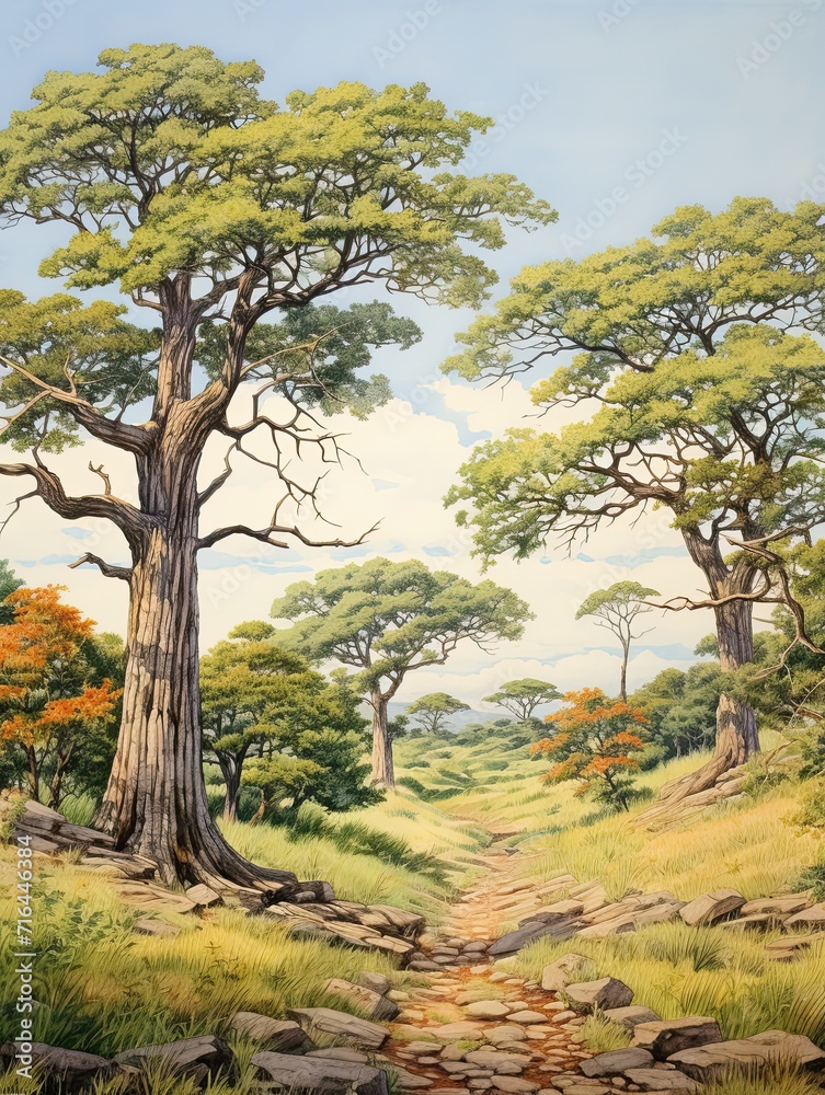 Wild African Savannas Forest Wall Art: Vintage Print with Majestic Savanna Trees
