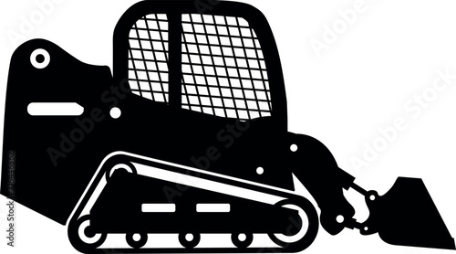 Silhouette of Skid Steer Loader with Bucket and Track Icon in Flat Style. Vector Illustration
