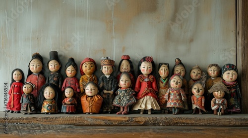 Group of Dolls Sitting Together in a Row for Display
