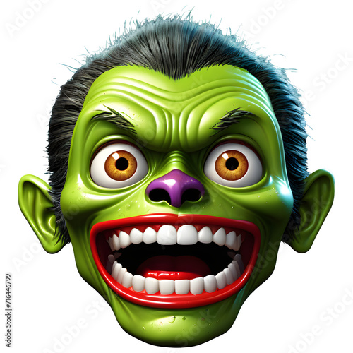 3d character Scary Zombie face, 3d rendering style in transparent background