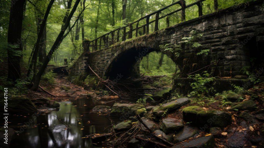 Dilapidated bridge standing defiantly amidst a dense Dilapidated bridge standing defiantly amidst a dense