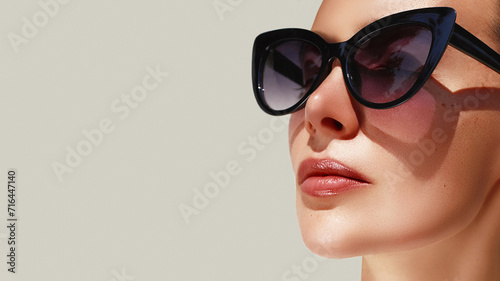 Eye wear fashion. Classic sunglasses shape. Beautiful model posing in cat eyes black glasses against grey background.  Summer accessory. Minimalism concept