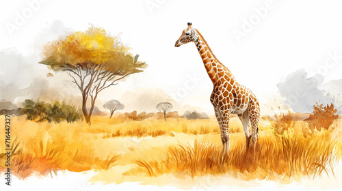 giraffe on a yellow background , watercolor style , close-up