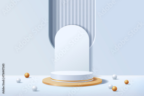 3D white and gold cylindrical pedestal podium with a backdrop of geometric abstract arched window