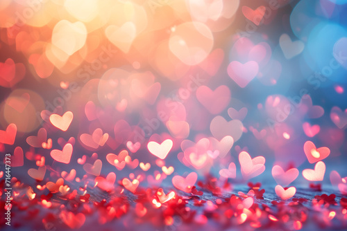 Heart shape Valentine day bokeh background with blurred hearts. Romantic background for sale header or greeting cards