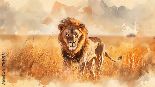 The king of the beasts is hungry in search of food in the savannah, watercolor style, book cover