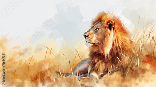 a lion resting in the savannah on a hot sunny day, profile view, watercolor style, book cover