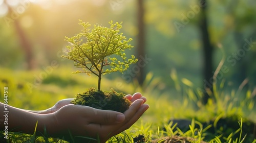 Hand holdig big tree growing on green background  photo