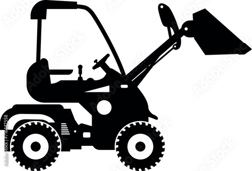 Silhouette of Compact Skid Steer Loader with Bucket and Wheels Icon in Flat Style. Vector Illustration