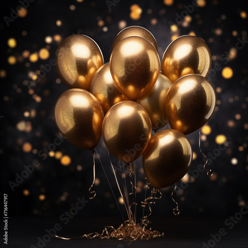 Gold and black party balloons with glitter confetti and bokeh. Festive design for greeting card. Banner design