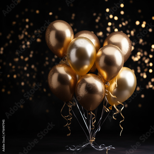 Gold and black party balloons with confetti sparkles. Festive design for greeting card. Banner design