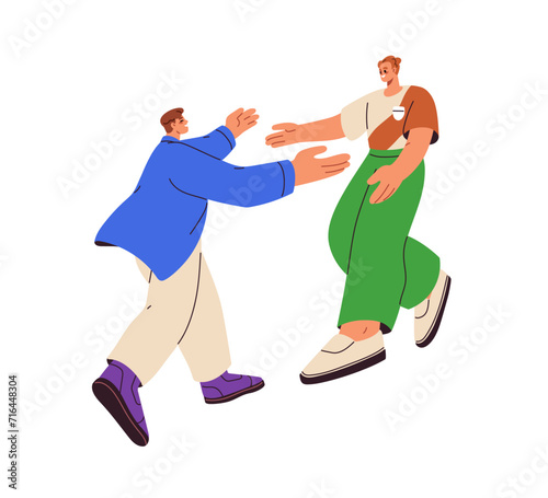Happy excited men meeting, greeting with joy. Reunion concept. Young male characters, brothers going toward each other, hugging, glad to see. Flat vector illustration isolated on white background
