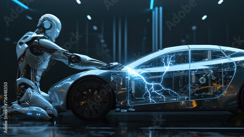 Futuristic robot shoots lightning from his hand at a futuristic transparent electric car. fictional plot. wireless charging concept