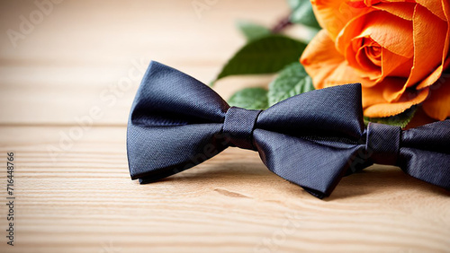 Bow tie with orange rose on a wooden table.