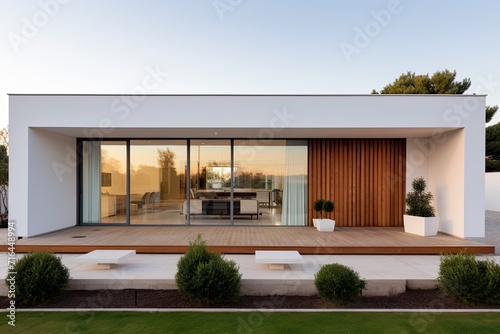 Facade of a modern minimalist white house with a tree