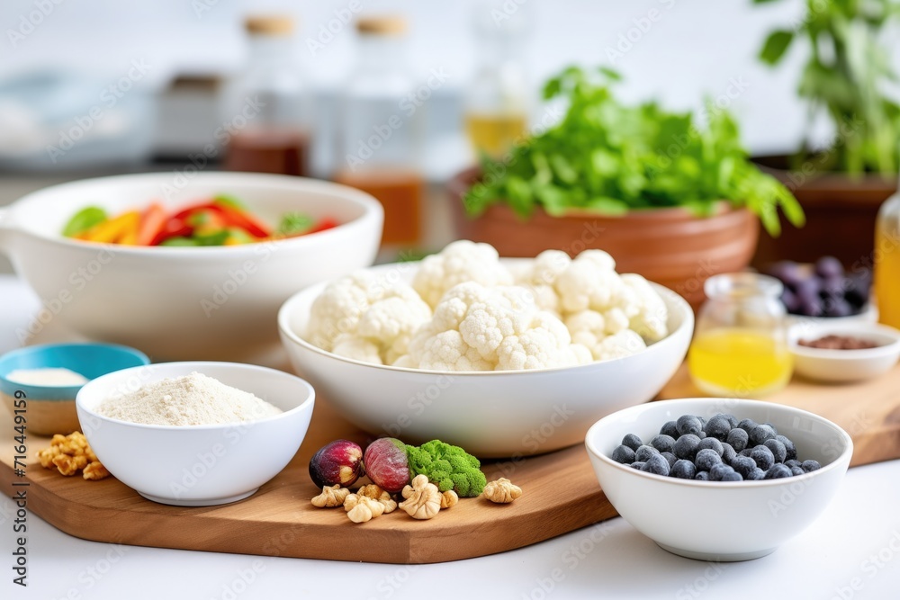 raw cauliflower dough beside bowls of toppings ready for decorating raw cauliflower dough beside bowls of toppings ready for decorating