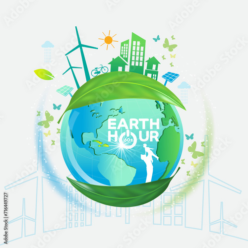 concept logo design event  earth hour ,Ecology.Green cities help the world with eco-friendly