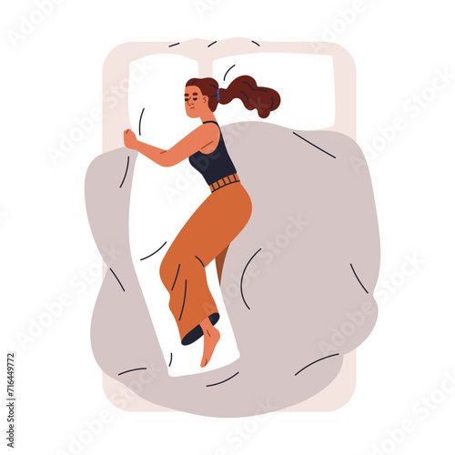 Woman sleeping, dreaming. Girl asleep in bed, lying on side, hugging long full-body pillow. Female resting, reposing, slumbering, top view. Flat vector illustration isolated on white background