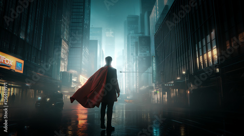 Hero Businessman with red cape standing on night street. Ambition concept
