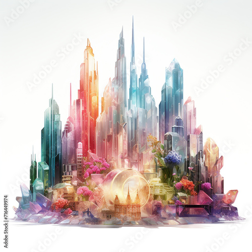 A city made entirely of crystals, with rainbow lights reflecting on every surface. isolated on a white background,abstract, rainbow, background, light, backdrop, reflection, design, overlay, blurred, 