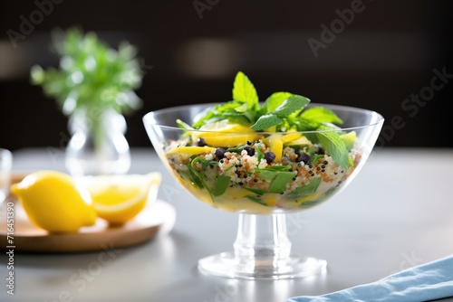 quinoa salad in glass bowl with lemon