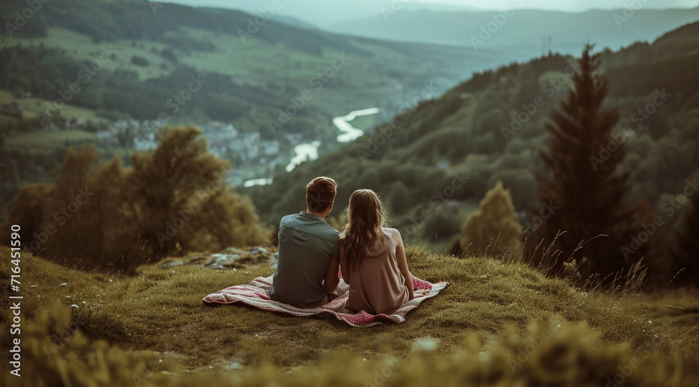 A couple in love having a picnic with a mountain view