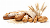 Loaves of different bread and wheat ears isolated on white background
