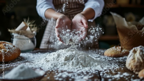 Baker's hands with flour. White flour on the background of the kitchen table. Baking powder.