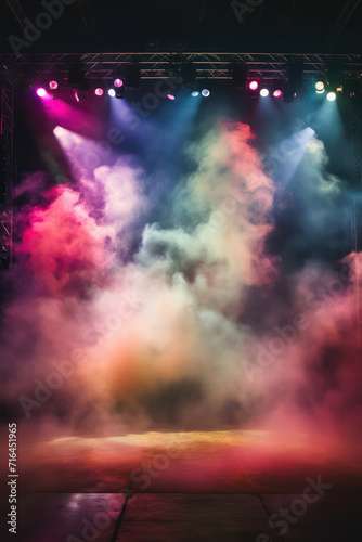 Empty stage or scene with spotlights and colorful smoke effect as wallpaper background illustration	 photo