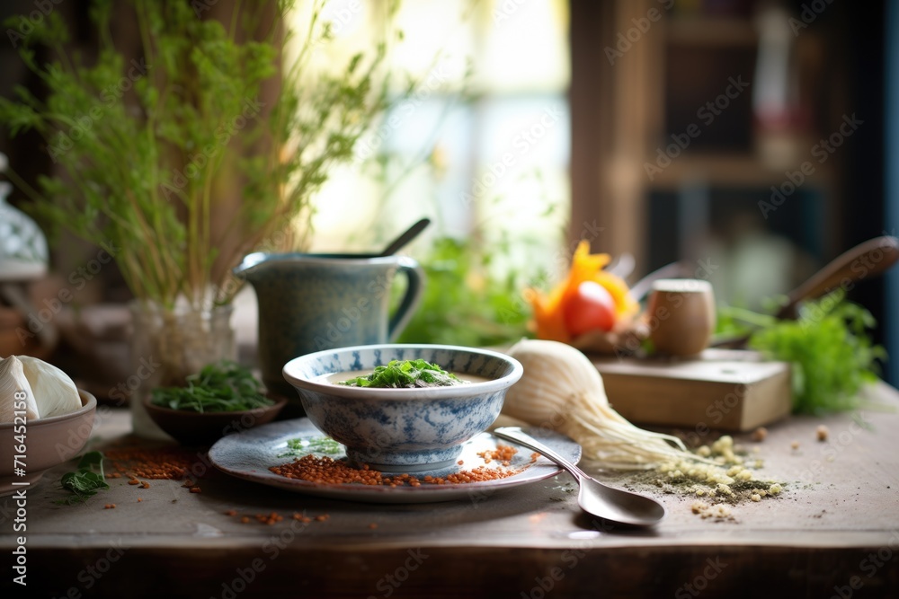 rustic setting with soup bowl, herbs, and spices scattered nearby rustic setting with soup bowl, herbs, and spices scattered nearby